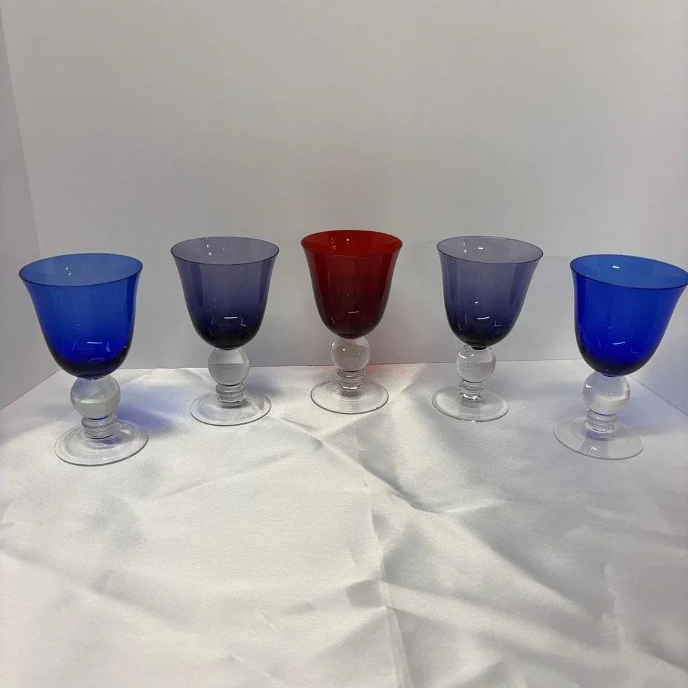 Vintage Clear Ball Stem Hand Blown Glass/Goblet - various colors set‎ of 5